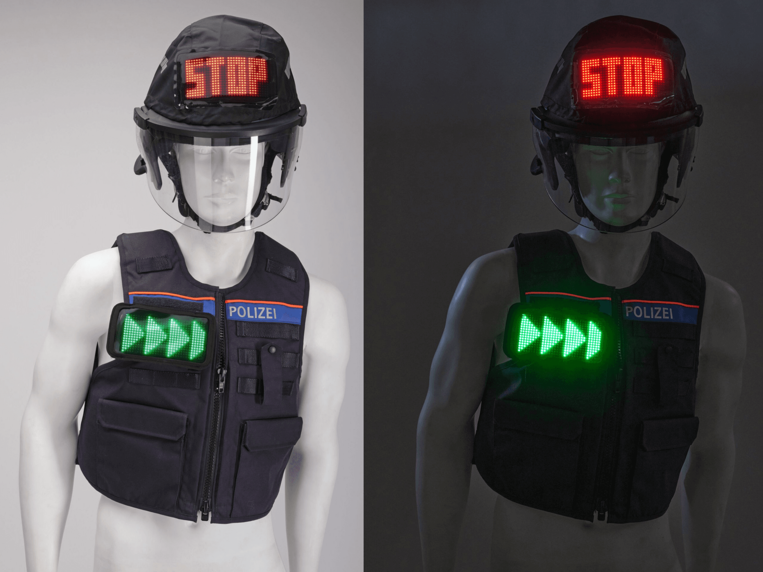 Dynavisual smart-textiel: een politievest en -helm met geïntegreerde LED-displays.