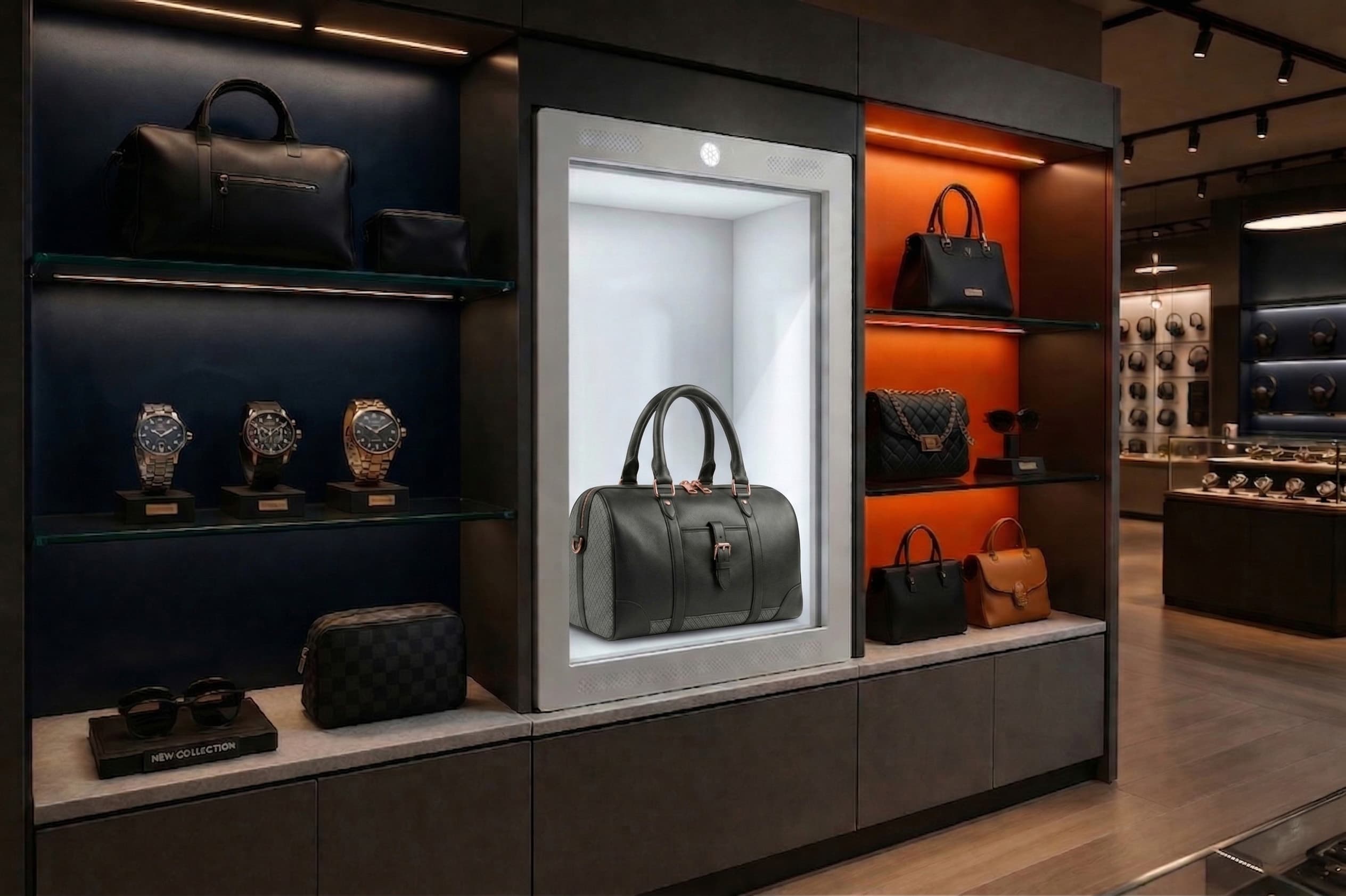 De 43 inch Holobox met een presentatie van tassen en horloges.