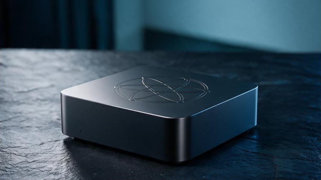 The IRIS appliance by Holoconnects, a compact matte mini-PC on a slate surface.